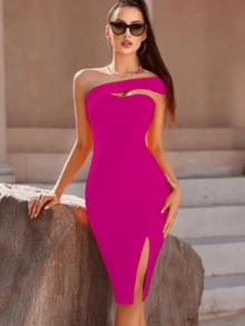 Vestido ajustado para fiestas asimetrico de moda - Rosa Fucsia - Ver 3