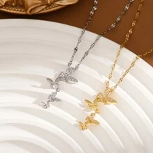 1pc Elegant Copper Inlaid Zirconia Butterfly Pendant With Stainless Steel Chain Women's Necklace, Fashionable & Perfect For Any Occasion - Yellow Gold - View 5