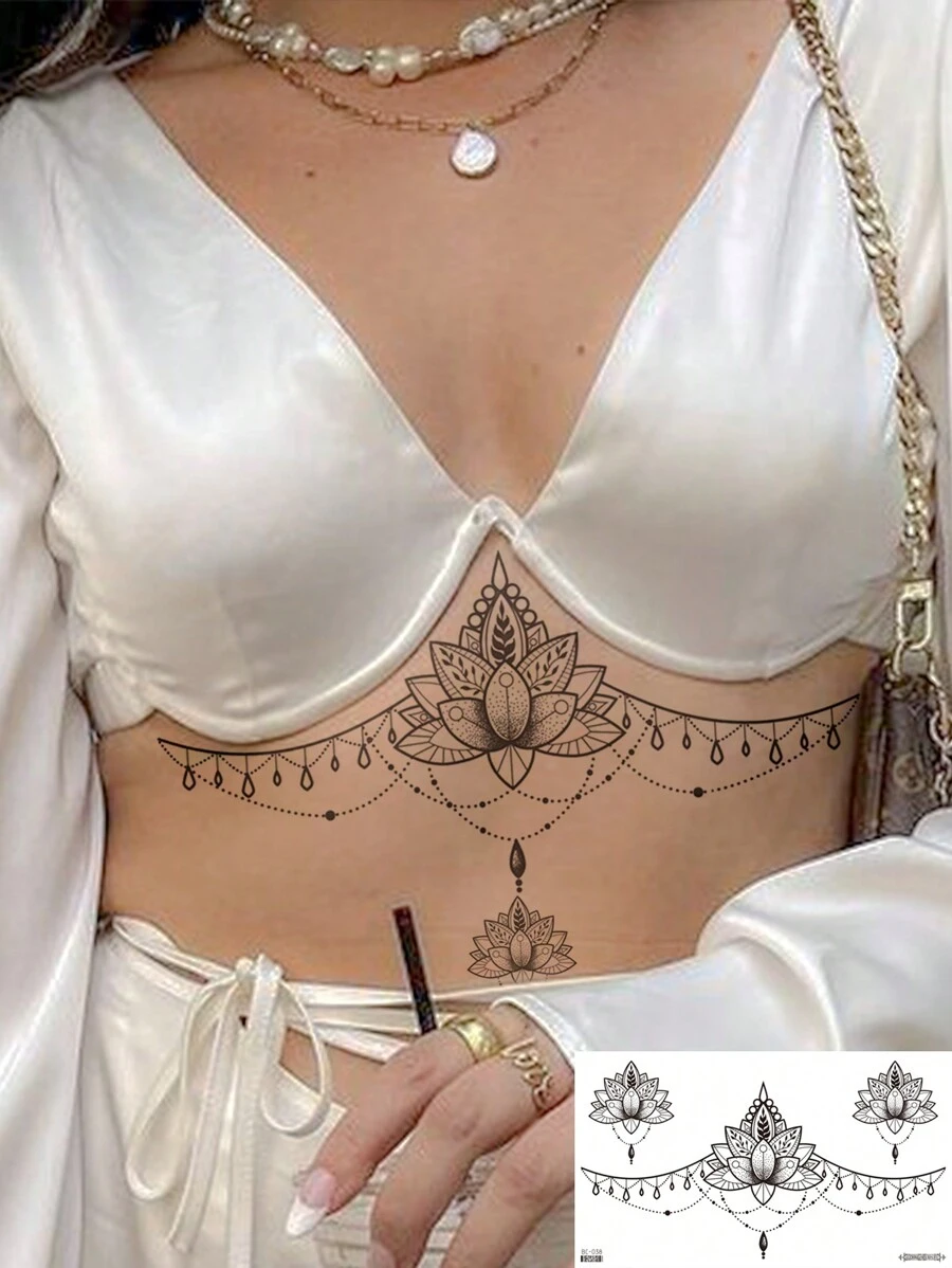 1張貼於乳下股間的身體藝術臨時紋身貼紙，黑色蓮花珠寶寶石花邊紋樣式，防水假紋身，可持續2-5天，遮蓋疤痕，可貼於手臂腕部、肩膀、雙腳腰部、頸部、手胸部、大腿等部位，適用於派對、禮品、假期、身體裝飾。適用於女性和男性。 - 黑色 - 查看 1