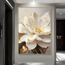1 pieza/Sin marco, Pintura decorativa de flores blancas florecientes con hojas doradas, cuadro de arte de pared de lona, impresiones de lujo para decoración moderna del hogar en la sala de estar