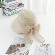 蝴蝶結遮陽帽，極致防曬寬簷編織沙灘帽，完美時尚造型必備 - 彩色 - 查看 7