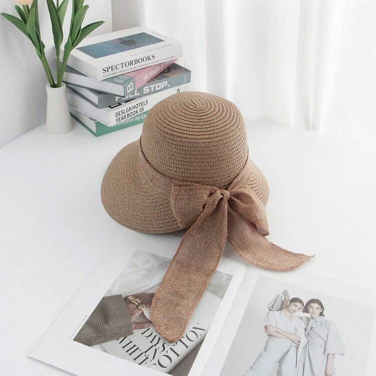 蝴蝶結遮陽帽，極致防曬寬簷編織沙灘帽，完美時尚造型必備 - 彩色 - 查看 6