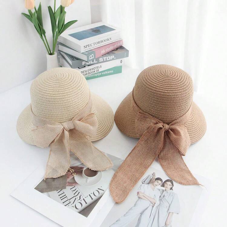蝴蝶結遮陽帽，極致防曬寬簷編織沙灘帽，完美時尚造型必備 - 彩色 - 查看 4