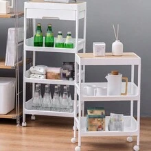 1 件 3 层 4 层搁板抽屉式手推车万向轮，落地搁板，移动储物架，厨房客厅浴室卧室床，可存放调味瓶、零食和饮料、护肤化妆品、纸巾、储物、厨房收纳、厨房用品、房间装饰、家居装饰。 - 白色 - 查看 3