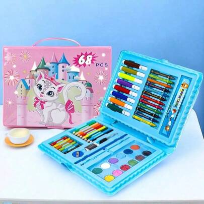 1 Juego/68 piezas Bolígrafos de acuarela, herramientas de pintura, crayones, juego de dibujo de artículos de papelería, suministros de escritura, suministros de aprendizaje (color de la caja y patrón enviados al azar)
