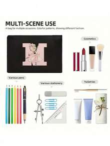 1 件芭蕾女孩卡通首字母图案化妆包，化妆包，便携式化妆品收纳袋，送给女孩的礼物化妆盒手拿包，轻便储物袋，旅行必需品旅行盥洗袋个性化字母包零食包时尚物品收纳袋毕业生日礼物女士化妆包 - 黑色 - 查看 5