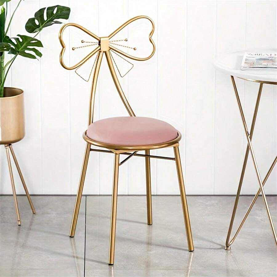 Silla con respaldo de lazo para tocador de maquillaje, asiento de mesa auxiliar con patas de metal dorado y cojín de terciopelo para habitación de niña o hija - harina de oro - Ver 1