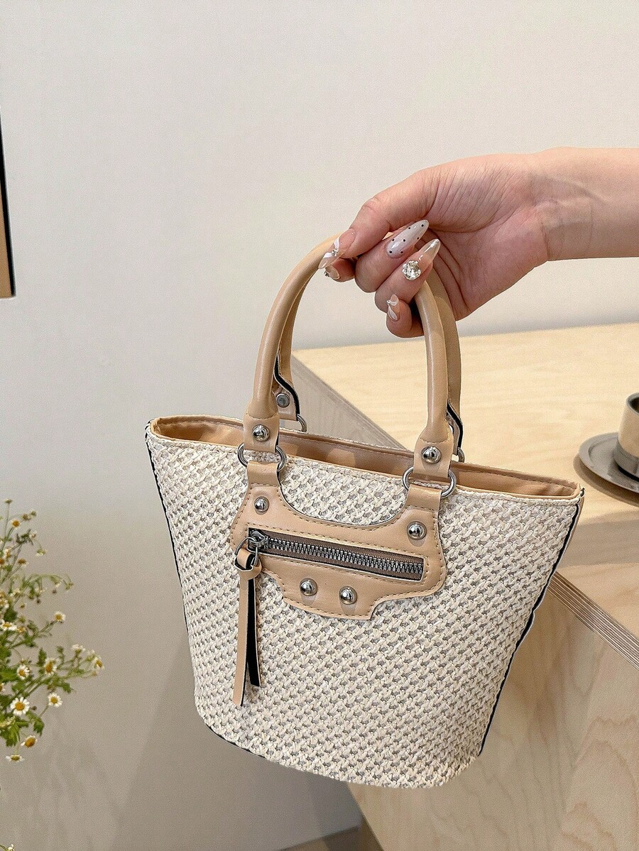 時尚對比空心草編迷你手提包，適合度假、大學生、新人、白領等，非常適合辦公室、大學、工作、商務、通勤、戶外、旅遊和郊遊等 - 卡其色 - 查看 1