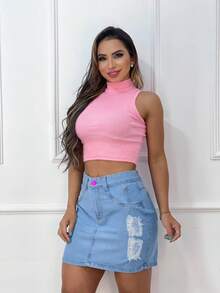 Women's High Waist Destroyed Denim Skirt Moda Premium - 淺色水洗藍 - 查看 3