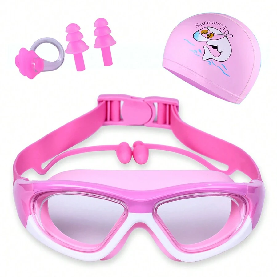 High Definition Kids Swim Goggles, Anti-Fog Swimming Goggles With Earplugs, Nose Clip, Big Frame And Swimming Cap Set, Bag Packed