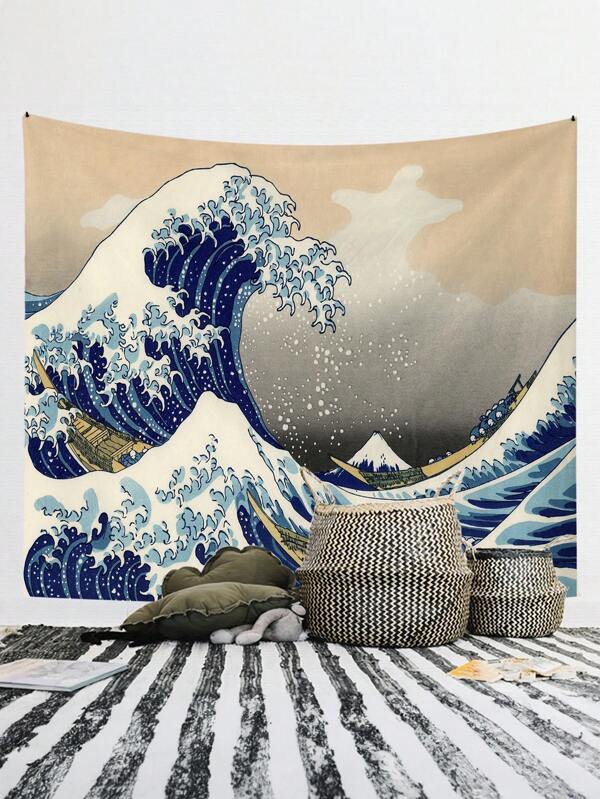 Tapeçaria de Fleece Coralino Surfando em Kanagawa, Tapeçaria de Parede Ukiyo-E Japonesa de Onda, para Decoração de Quarto e Sala de Estar, Bandeira para Quarto, Decoração de Quarto, Tapeçaria, Decoração de Parede, Arte de Parede, Itens de Quarto, Bandeiras para Quarto, Decoração Doméstica, Tapeçaria de Parede