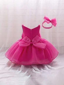 Vestido de fiesta de organza con flores para niñas bebés, con tirantes, incluye diadema como set de regalo - Rosa Fucsia - Ver 2