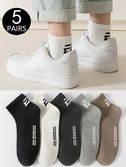 1/5 Paia di Calzini Uomo Assortiti Sottili e Traspiranti a Mezza Gamba, Calzini Sportivi Alla Caviglia Che Assorbono L'umidità, Stampa Alla Moda Con Lettere, Adatti Per L'uso Quotidiano, Autunno