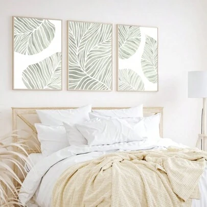 3入組綠色植物牆藝術套裝，水彩植物印花，舒緩臥室牆藝術，波西米亞風格牆壁裝飾，客廳壁畫畫布藝術，畫廊牆藝術印刷，無框畫