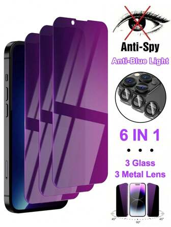 [6 IN 1] 3 Stücke lila Bildschirmglas + 3 Stücke Metalllinse Blaulichtschutz Datenschutzbildschirmschutz kompatibel mit iPhone 16/16 Plus/16 Pro/16 Pro Max/15/15Pro/15 Plus/15 Pro Max/14/13/12/11 Geschenk für Geburtstag, Familie, Freunde Gehärtetes Glas, Datenschutz, Handybildschirmschutz, Handyzubehör Wasserdicht Stoßfest Kratzfest Antifingerabdruck Vollständige Abdeckung