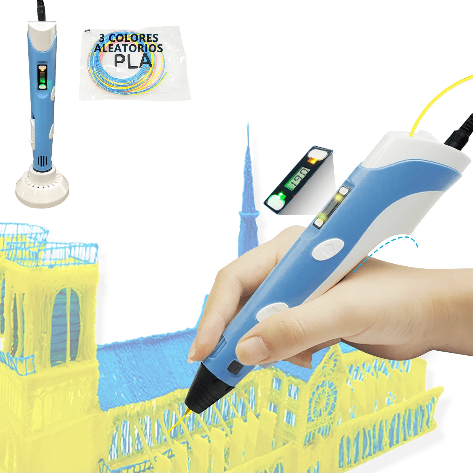 SHIXIONG Lápiz de Impresora 3D, Pluma 3D para niños con Visualización LED, Filamento Impresora 3D, Kit Bolígrafo de Impresión 3D para Adolescentes, Adultos y Creadores, Juego de Actividades de Arte Educativo - Azul - Ver 1