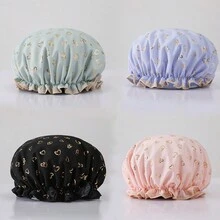 1入組雙層EVC材質淋浴帽女性防水洗澡頭套家用成人浴帽頭髮套廚房防煙黑浴帽，適用於日常使用 - 桃心款 - 查看 9