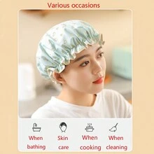 1入組雙層EVC材質淋浴帽女性防水洗澡頭套家用成人浴帽頭髮套廚房防煙黑浴帽，適用於日常使用 - 桃心款 - 查看 3