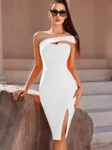 Vestido ajustado para fiestas asimetrico de moda - Blanco - Ver 2