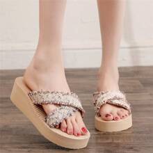 Women's Beach Slippers With Crossed Strap Design And  Rope Imitation - Coffee Brown - View 5