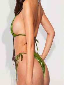 Women's 3pcs Bikini Set – Solid Shiny Halter Tie Bikini With Matching Skirt, Sexy Slim Fit Bathing Suit For Summer - Green - View 3
