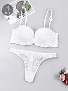 Conjunto de lencería con sujetador y pantalla decorativo de encaje blanco y sexy para mujer