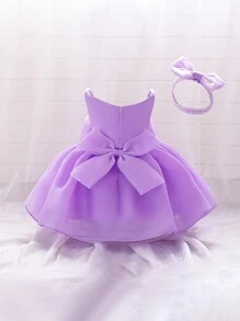 女婴优雅连衣裙，纯色3D立体花卉缎面网纱面料，适合外出、户外、生日派对等场合，附赠发带 - 紫色 - 查看 2