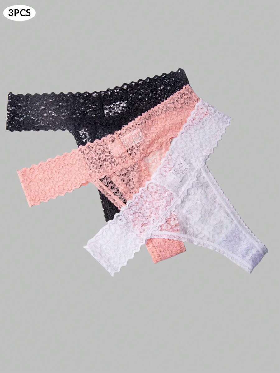 3pcs Women's Leopard Printed Lace Thong In 3 Colors Sexy Lingerie
