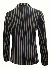 Business Striped Lapel Single Button Flap Pocket Blazer - Black - View 2