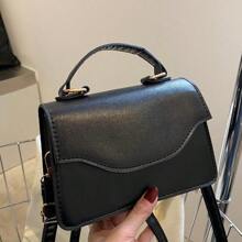 Fashionable & Simple Solid Color Shoulder & Crossbody Bag With Metal Handle, Women's Small Square Bag - Black - View 5