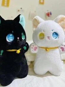 Peluche de Felpa de Gato Michi con Campana Blanco, Negro, Gato de Regalo para Niña Niño Novio Novia, Adorable y Suave