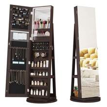 LVSOMT 360° Swivel Mirror Jewellery Cabinet, LED Full Length Mirror With Storage, Lockable Jewellery Armoire, Standing Mirror With Storage For Living Room Bedroom, White / Wood - Redwood - View 3