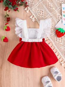 寶寶女孩可愛草莓蝴蝶袖連衣裙，夏季輕盈風格 - 紅色 - 查看 2