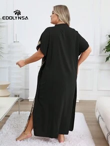 Plus Size Kaftan Black Embroidery House Dresses Loose Lounge Wear Palestinian Thobe For Women - Black - View 3