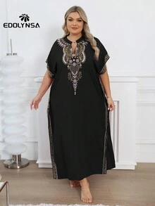 Plus Size Kaftan Black Embroidery House Dresses Loose Lounge Wear Palestinian Thobe For Women - Black - View 4