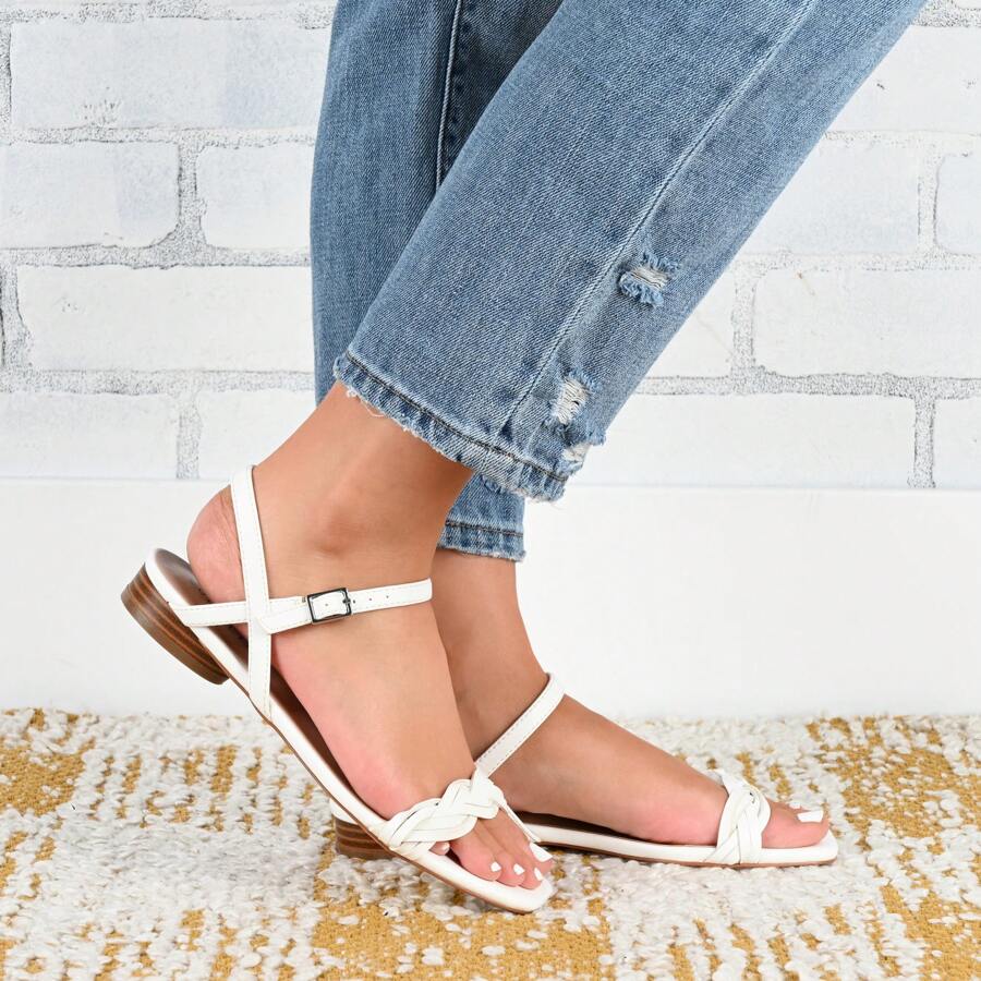 Womens Ankle Strap Low Block Heel Sandals - 白色 - 查看 1