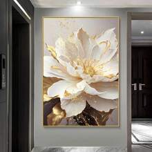 1 pieza/Sin marco, Pintura decorativa de flores blancas florecientes con hojas doradas, cuadro de arte de pared de lona, impresiones de lujo para decoración moderna del hogar en la sala de estar