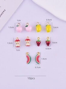 10pcs Fashion 3D Watermelon, Strawberry, Lemon, Apple, Peach Shaped Alloy Drip Oil DIY Jewelry Pendant For Women's Earrings And Necklace Decoration Accessories