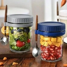 Copo de Iogurte com Tampa Hermética, Copo para Iogurte e Aveia Durante a Noite, Frasco de Salada de Vidro Portátil de 350ml com Colher, Copo de Café da Manhã - Tamanho único serve para todos - Visão 4
