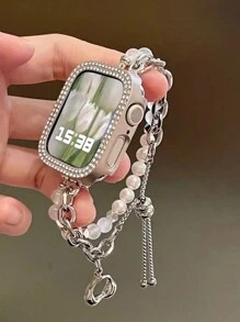 1 件珠宝手链兼容 表带兼容 ApplewatchS8/SE Love Crystal Iwatch765 代苹果表带适合女生高端。Love Crystal 珍珠手链-【银色】尺寸 41mm40/38mm 42/44/45/49mm（适用于 7/8 代）兼容 Ultra2/9 Se8/7/6/5/4/3/2/1 伸缩抽绳设计，夏季必买表带 - 銀色 - 查看 9
