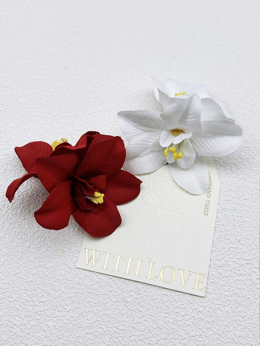2 chiếc kẹp tóc trang trí hoa giả, phụ kiện tóc cho nữ và bé gái, quà tặng ngày Valentine, kẹp tóc càng cua, kẹp tóc cài đầu, đồ dùng học tập, phụ kiện đội đầu, ghim cài tóc - Đỏ & Trắng - Xem 1