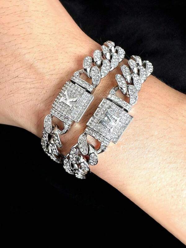 kuuioe 1 pièce Bracelet de style unisexe hip-hop complet en strass de 26 lettres, bijoux de collège à la mode étincelants de style de rue