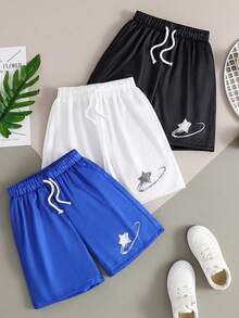 Juego de 3 piezas para niño preadolescente con shorts estampados con dibujos animados, para verano - Multicolor - Ver 1