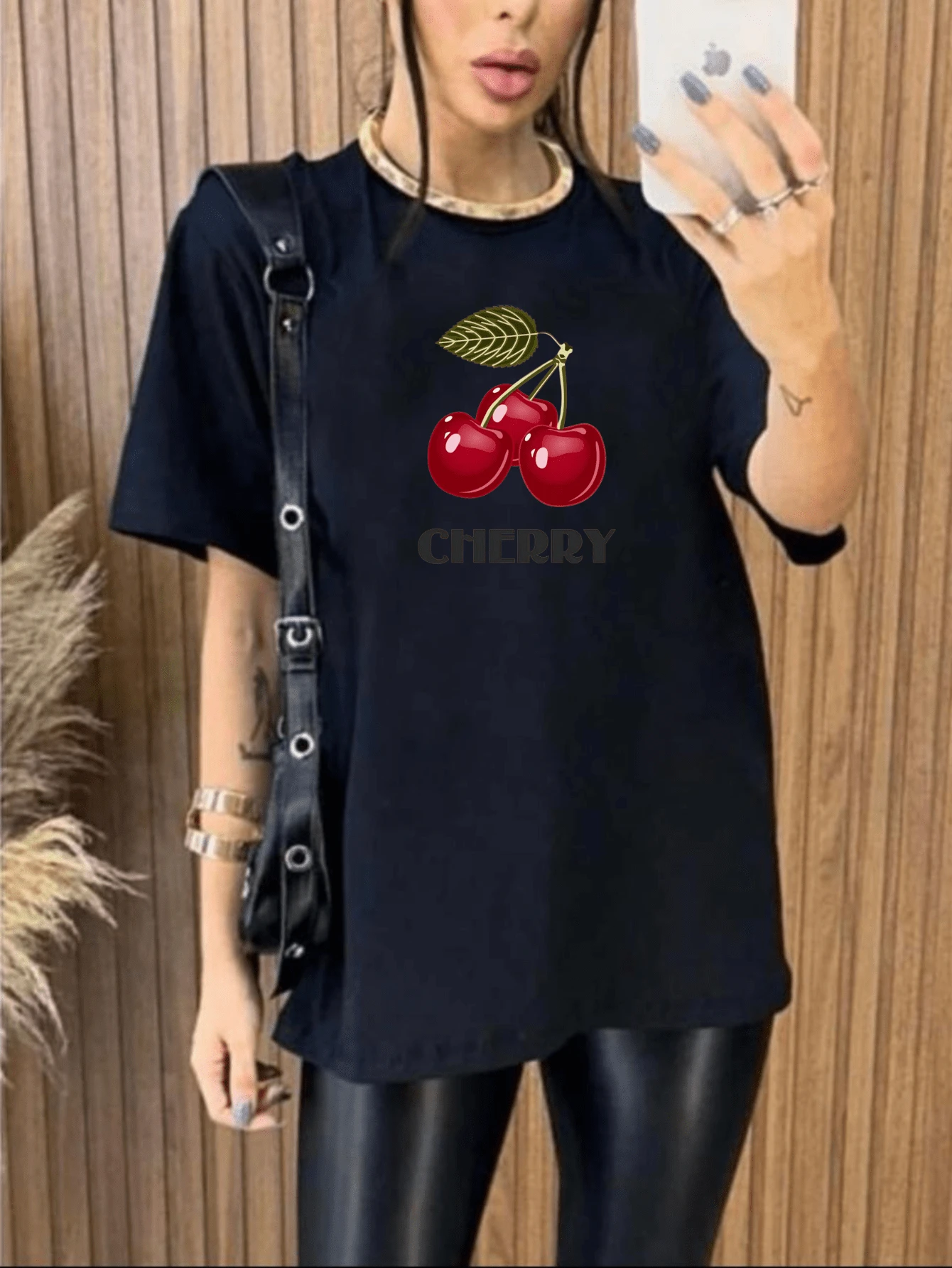 Women's Cherry T-Shirt Oversized Blouse 100% Cotton - Black - View 1