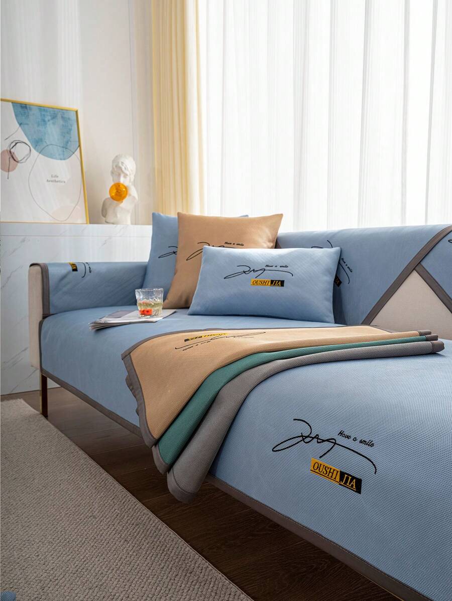 1入組2024新款簡約風格冰絲防滑涼墊，帶字母、小麥穗和蜜蜂圖案，適用於夏季沙發、臥室、窗台、辦公室沙發套 - 淺藍色 - 查看 1