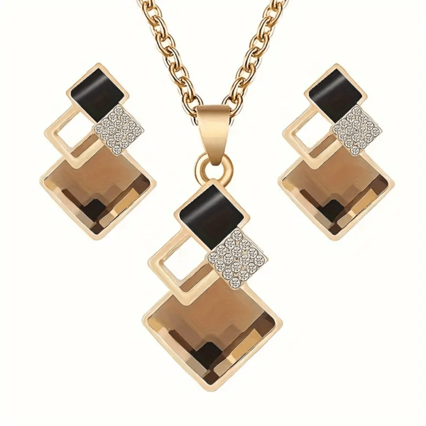 Conjunto de 1 par de aretes y 1 collar de joyería vintage con diseño cuadrado brillante, color champán, perfecto para uso diario de mujer y decoración de fiesta
