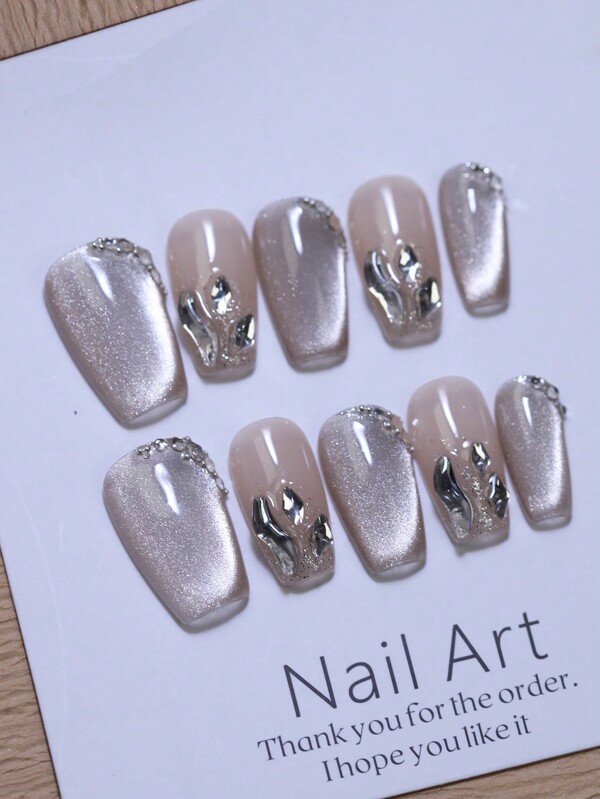100% Pure Handmade Press On Nails Nude Color And High Glossy Cat's Eye Short Coffin Shaped 10pcs Nail Tips Reusable Manual Nails With Shiny Rhinestones Glitter Nail Charms Decoration Fake Nails For Party And Bride Nail Supplies