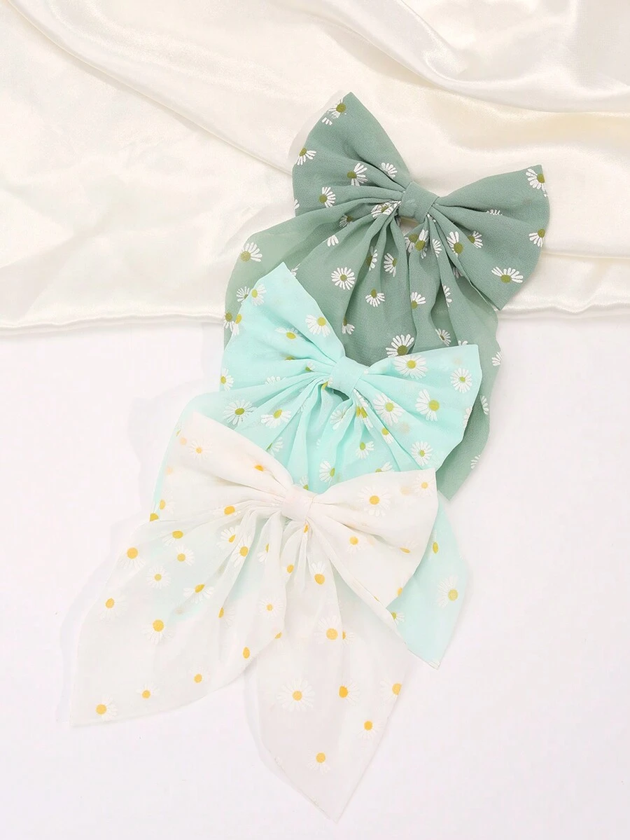 3件套女孩花卉刺绣蝴蝶结发夹，长尾设计，优雅网纱缎带蝴蝶结发饰，适合青少年佩戴 - 彩色 - 查看 1