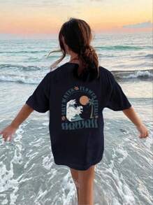 少女休閒印花黑色圓領短袖套頭T-Shirt，夏季 - 黑色 - 查看 7
