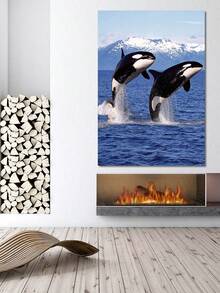 逗趣海洋主題透視畫-藍色海洋主題，1對跳躍的鯨魚，適用於客廳、臥室、辦公室，是理想的禮物 - 藍白色 - 查看 2